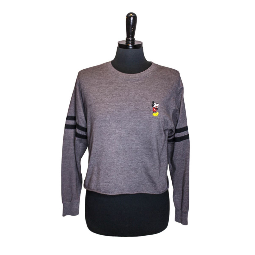 Disney Embroidered Mickey Mouse Crop Top Stripes Gray Black Size M